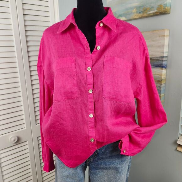 Rachel Zoe Shirt – Hot Pink Linen Button Down Long Sleeve Cropped Hem Large - Picture 1 of 7